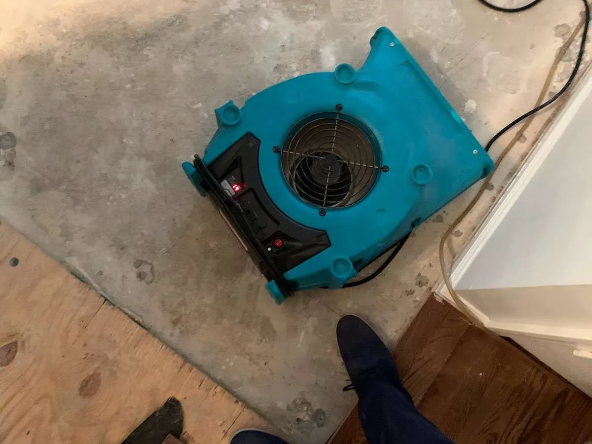 Air mover drying subfloor during Leak Detection & Repair in Vincent